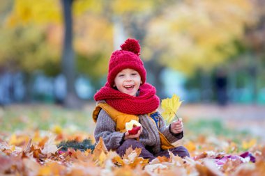 Mutlu çocuk, güneşli bir günde sonbahar parkında oynuyor, yeşillik ve yapraklar etrafında, elma yiyor.