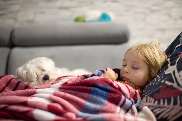 Beautiful Blond Toddler Child Sick Boy Fever Lying Bed Christmas — Stock Photo, Image