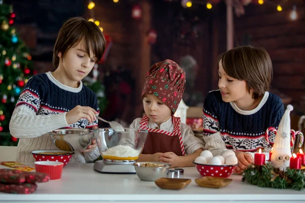 Cute Blond Child His Brothers Baking Christmas Cookies Home Having — Stock Photo, Image