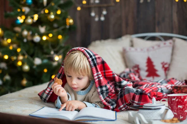 可爱的幼儿 穿着圣诞服装的男孩 圣诞节时在木屋里玩耍 在他身边装饰 儿童阅读书籍和喝茶 — 图库照片
