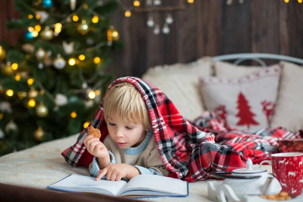 かわいい幼児の子供 クリスマスの服の少年 クリスマスの木製キャビンで遊んで 彼の周りの装飾 児童書やお茶を飲む — ストック写真