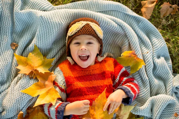 Малыш Мальчик Лежит Одеяле Листьями Осеннем Парке Закате — стоковое фото