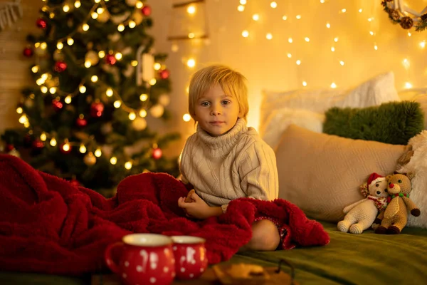 可爱的金发幼儿学龄前男孩 吃饼干 圣诞节在舒适的家里打开礼物 点灯和装饰 — 图库照片