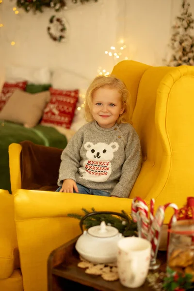 Χαριτωμένο Μικρό Σγουρό Κοριτσάκι Χειμώνα Χριστουγεννιάτικο Πουλόβερ Κάθεται Άνετο Δωμάτιο — Φωτογραφία Αρχείου