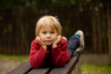 Sonbahar portresi. Parkta gülümseyen tatlı sarışın bir çocuğun sonbahar resmi.