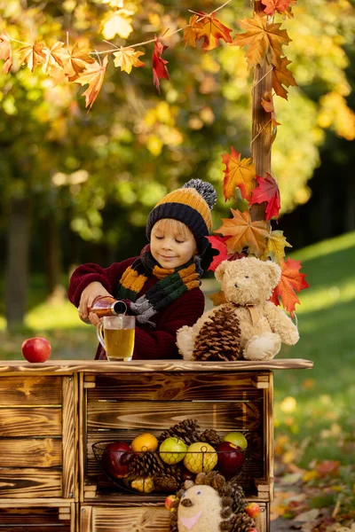 Nettes Blondes Kleinkind Neben Herbstlichem Holzständer Mit Deko Äpfeln Blättern — Stockfoto