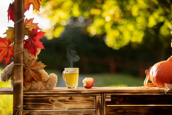 可爱的金发碧眼的小孩 站在秋天的木立旁边 装饰着苹果 公园里的树篱 — 图库照片