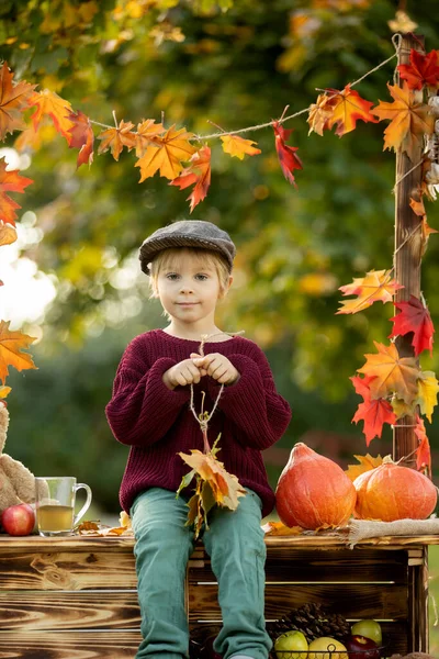 Χαριτωμένο Ξανθό Παιδί Νήπιο Στέκεται Δίπλα Στο Φθινόπωρο Ξύλινο Περίπτερο — Φωτογραφία Αρχείου