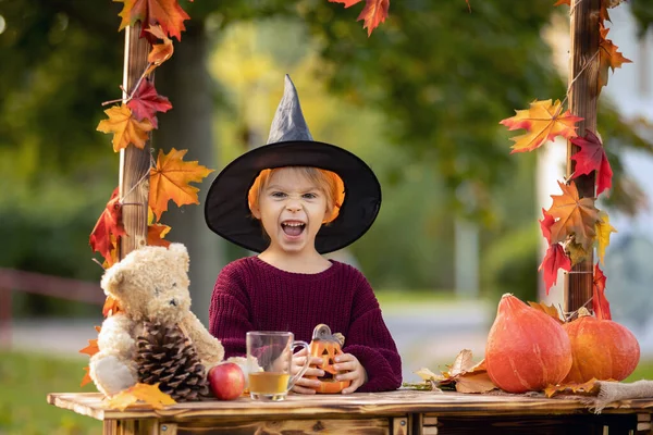 Carino Bambino Bambino Biondo Piedi Accanto Cavalletto Legno Autunno Con — Foto Stock