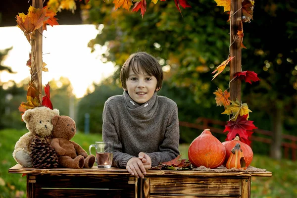 Lindo Niño Rubio Hermanos Hermanos Pie Junto Soporte Madera Otoño — Foto de Stock