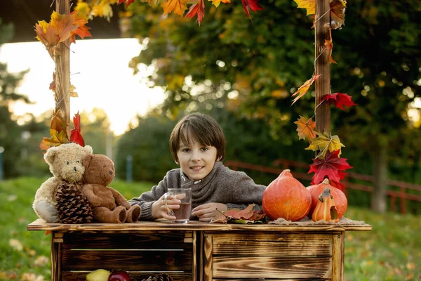 かわいいブロンドの幼児の子供と兄弟 公園で装飾 リンゴ マグカップ ハリネズミ 秋の木製のスタンドの横に立って — ストック写真