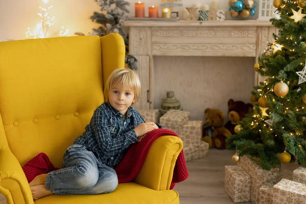 Cute Child Boy Playing Decorated Room Christmas Cozy Place — Stock Photo, Image