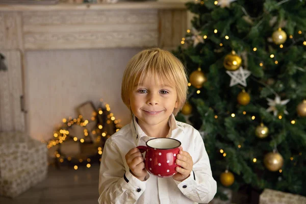 Aranyos Gyerek Fiú Játszik Egy Díszített Szobában Karácsonyra Hangulatos Hely — Stock Fotó