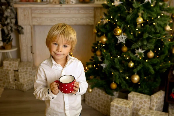 Roztomilé Dítě Chlapec Hraní Zdobené Místnosti Vánoce Útulné Místo — Stock fotografie