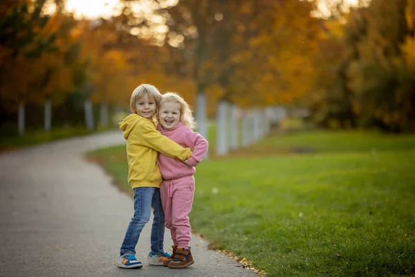 Leuke Blonde Peuter Kinderen Jongen Meisje Wandelen Herfst Park Bij — Stockfoto