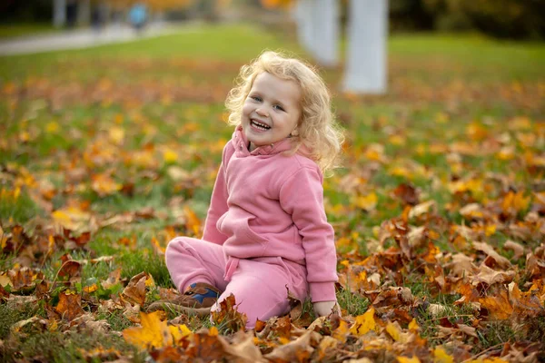 Симпатичные Блондинка Ребенок Девочка Прогулка Осеннем Парке Закате Наслаждаясь Красивой — стоковое фото