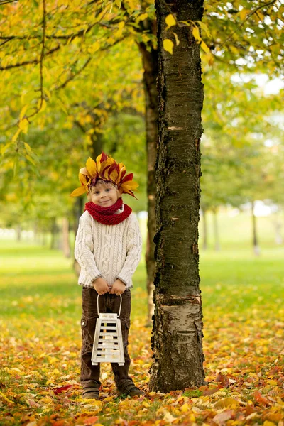 愛らしい小さな子供 秋の日の公園の葉から冠を持つブロンドの男の子 晴れた夜 — ストック写真