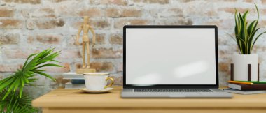 Laptop ekran maketi, kahve fincanı, kırtasiye ve dekorasyonu tuğla duvarlara dayalı modern klasik çalışma alanı. 3d görüntüleme, 3d illüstrasyon