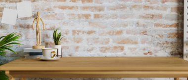 Duvarda aksesuarları olan ahşap masa üstünde montaj ürünü sergisi için yer var. 3d görüntüleme, 3d illüstrasyon