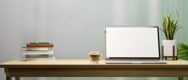 İş yeri ya da çalışma alanı, dizüstü bilgisayar, kitap yığını, kahve fincanı, ahşap masadaki şık çaydanlık, bulanık arka plan. 3d görüntüleme, 3d illüstrasyon