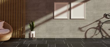 Modern oturma odasındaki çimento duvarında iki adet poster modeli, ev bitkisi, hasırdan yuvarlak sandalye ve şık fayansların üzerinde bisiklet. 3d görüntüleme, 3d illüstrasyon