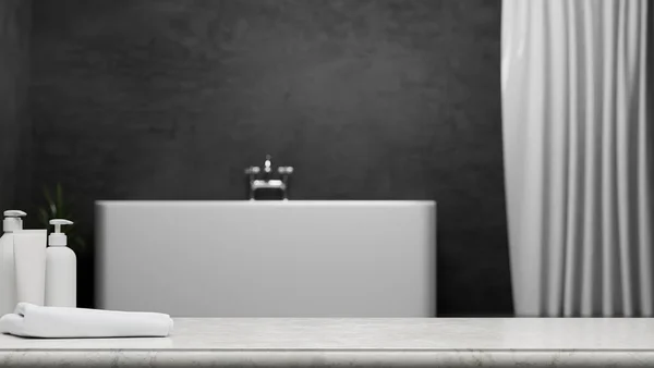 有洗发水瓶 毛巾和复印空间的大理石浴室台面 比具有浴缸背景的现代豪华浴室更胜一筹 3D渲染 3D说明 — 图库照片