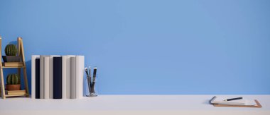 Fotokopi alanı, kitaplar, kırtasiye malzemeleri ve mavi duvarın üstündeki beyaz masa üzerindeki kaktüs raflarıyla çalışabilir. 3d görüntüleme, 3d illüstrasyon