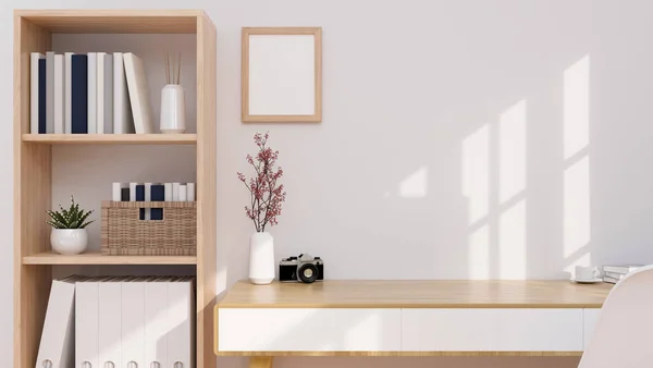 简约舒适的家庭办公空间 配有木制家具 木制桌子上的蒙太奇复制空间 白色墙壁上的空白框架 3D渲染 3D说明 — 图库照片