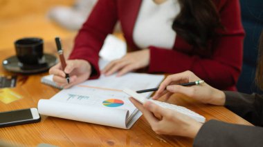 İş stratejisi danışmanlarından oluşan bir ekip, mali rapor belgelerini inceleyerek ve iş bütçelerini hesaplayarak birlikte çalışıyor. kırpılmış resim