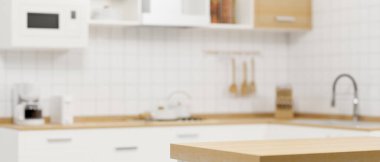 Ahşap mutfak tezgahı arka planda bulanık, modern, minimalist mutfak odası iç kısmı. 3d görüntüleme, 3d illüstrasyon