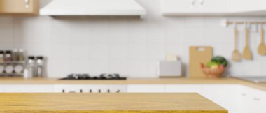 Bulanık minimalist ahşap masa üstü ve temiz mutfak odası iç arka planı, montaj ürünü sergisi için boş alan. 3d görüntüleme, 3d illüstrasyon