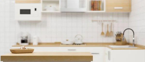 Encimera Cocina Madera Clara Con Baguette Cesta Espacio Para Exhibición — Foto de Stock