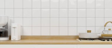 Minimalist Japon mutfak tarzı ahşap tezgah, soba, tost makinesi, kahve makinesi ve beyaz tuğla duvarda montaj için yer. 3d görüntüleme, 3d illüstrasyon