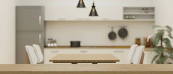 Lege Ruimte Houten Plank Tafelblad Voor Montage Wazig Minimalistische Keuken — Stockfoto