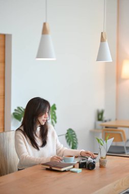 Modern modaya uygun kafede dizüstü bilgisayarı üzerinde çalışan Asyalı genç bir bayan kafe ya da seyahat blogcusu.