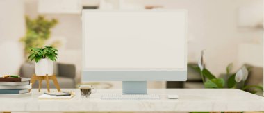 Montaj için mavi bilgisayar boş ekran modeliyle yakın çekimli bilgisayar masası. Grafik, modern dekor, 3D görüntüleme, 3D illüstrasyon