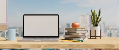Portatif dizüstü bilgisayarlı boş ekran maketi ve bulanık gökyüzü manzaralı dekorasyonu olan modern çalışma alanı ofiste. 3d görüntüleme, 3d illüstrasyon