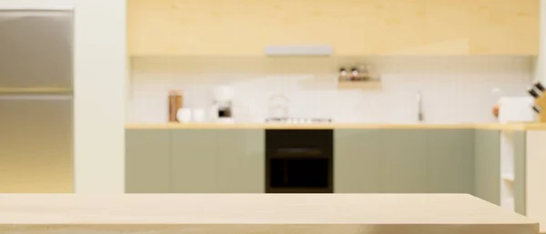 Moderní Světlý Dřevěný Kuchyňský Pult Ostrov Pro Montáž Přes Rozmazaný — Stock fotografie