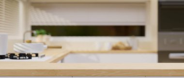 Montaj için yakın plan ahşap mutfak tezgahı. Mobilyalarla döşenmiş mutfak iç dekorasyonu. 3d görüntüleme, 3d illüstrasyon