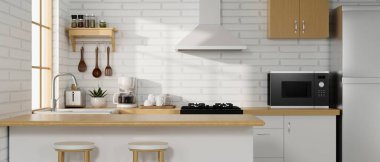 Modern mutfak odasının içi beyaz ve ahşap malzemelerle dolu modern aletler, şık bir dolap ve pencereden gün ışığı. 3d görüntüleme, 3d illüstrasyon