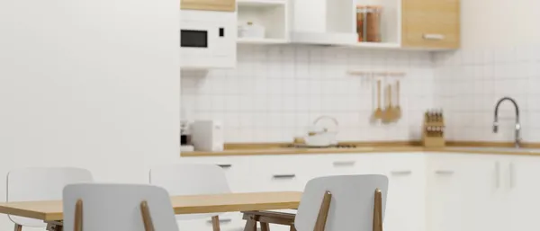 Minimalistische Witte Eetkamer Met Eettafel Comfortabele Schone Keuken Achtergrond Weergave — Stockfoto