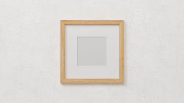 Minimalist ahşap kare çerçeve resmi beyaz duvarda. 3d görüntüleme, 3d illüstrasyon