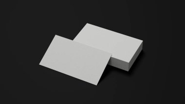 Bir yığın isim kartı modeli, siyah arkaplanda beyaz kart şablonu. 3d görüntüleme, 3d illüstrasyon