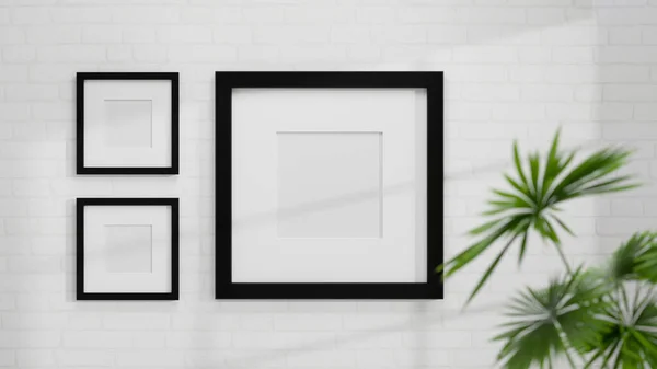Moderne Zwarte Fotolijsten Mockup Witte Bakstenen Muur Met Huisplant Voor — Stockfoto