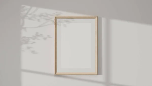 Minimal wooden picture poster frame mockup on white wallpaper with soft  shadows. 3d rendering, 3d illustration