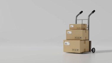 Karton kutu seti, tramvayda beyaz arka plandaki metnin için fotokopi alanı olan paket kutusu. 3d görüntüleme, 3d illüstrasyon