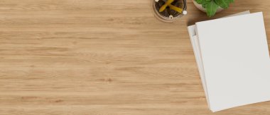 Tahta masa zemininde kağıt maketi, saksı ve kalemlerle kurgu alanı. Üst görünüm, genel 3d görüntüleme, 3d illüstrasyon