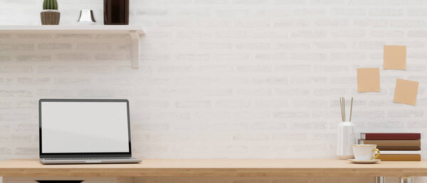 Close-up cozy workspace with opened laptop blank screen mockup and copy space over white brick wall. 3d rendering, 3d illustration