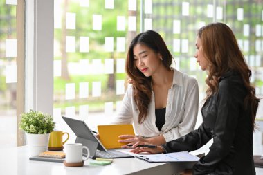 Ofiste, profesyonel iş kadınları birlikte çalışır ve buluşurlar. İşbirliği ve takım çalışması kavramı