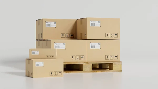 Pakket Kartonnen Dozen Houten Pallets Witte Ondergrond Levering Verpakkingsdozen Weergave — Stockfoto